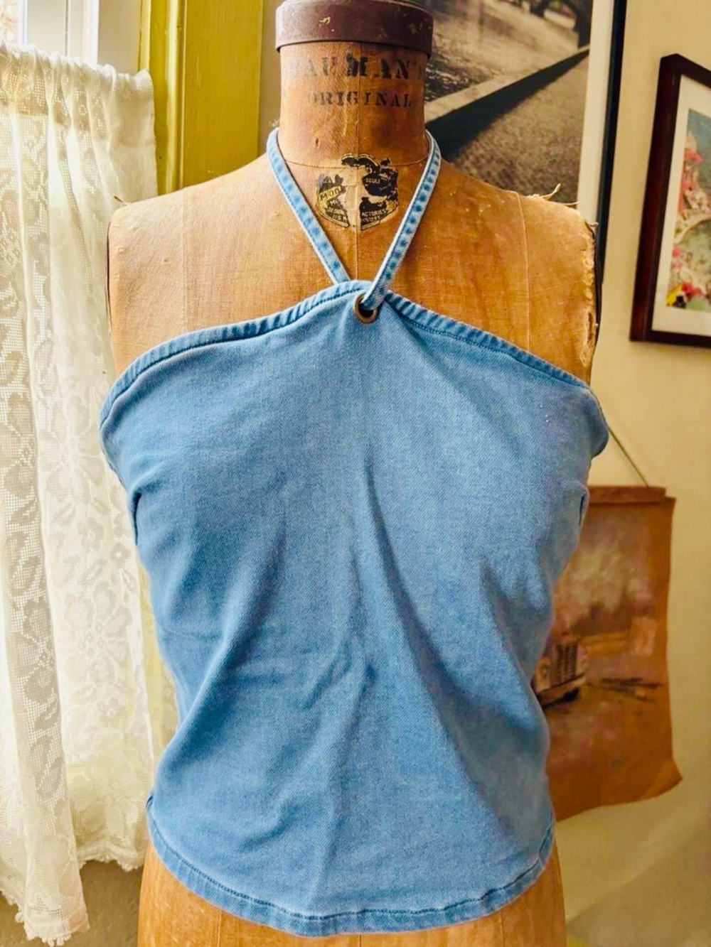 Anthropologie Light Blue Denim Halter Tube Top with Ring Detail